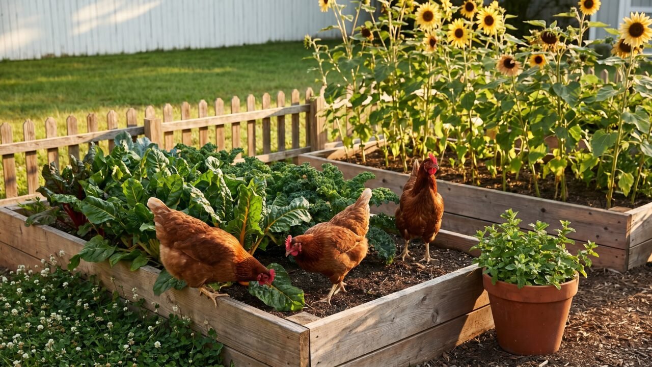Three chickens foraging in a raised-bed garden planted with kale, chard, and sunflowers