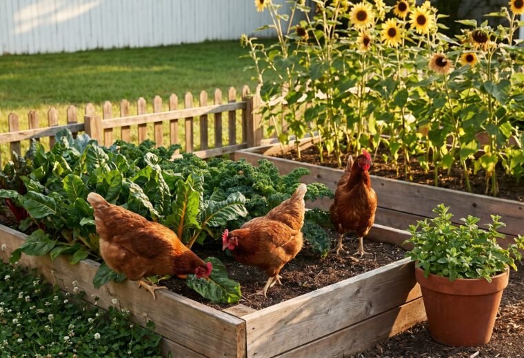 Three chickens foraging in a raised-bed garden planted with kale, chard, and sunflowers