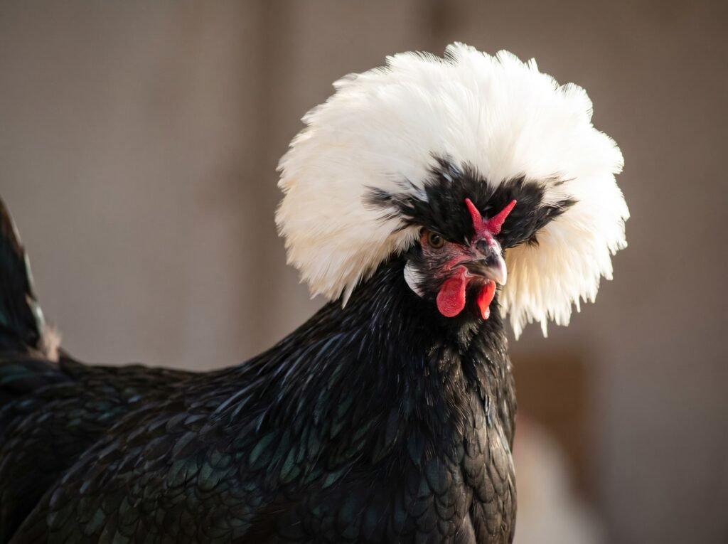 Polish hen with large white crest feathers partially covering eyes, showing characteristic vision-limiting plumage