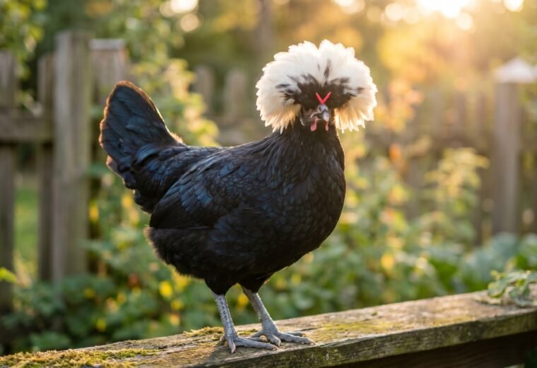 White Crested Black Polish hen displaying her full dramatic white pompom crest in a garden setting