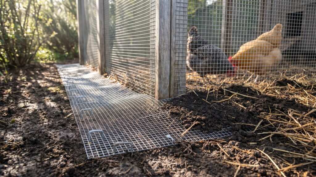 horizontal hardware cloth predator apron extending from chicken run base into surrounding soil partially buried