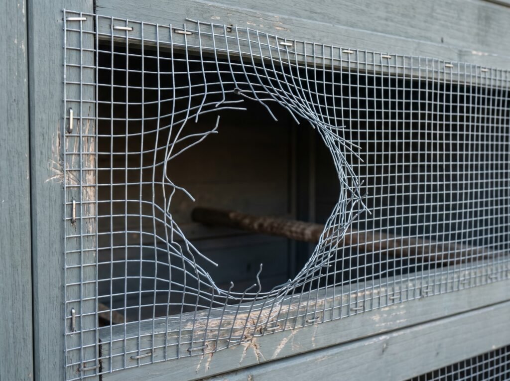 Bent and stretched chicken wire showing raccoon damage at roost height on a wooden coop wall