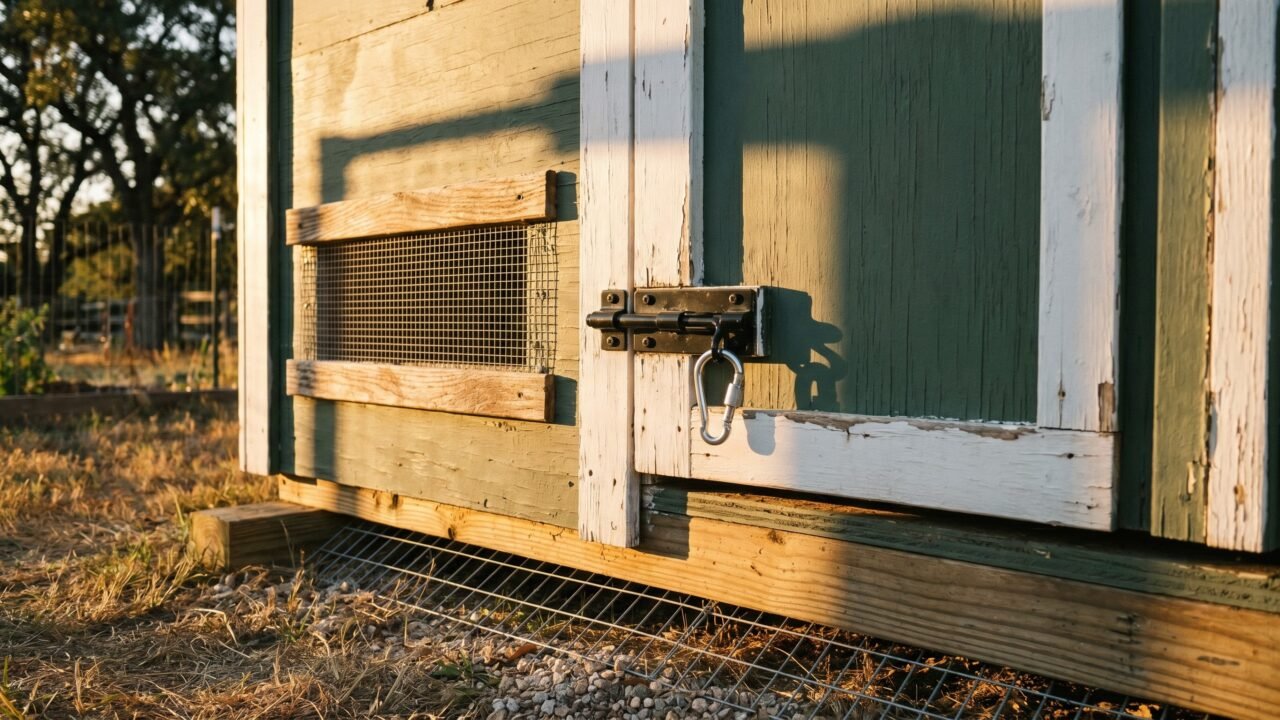 predator-proof chicken coop exterior with hardware cloth vent and two-step barrel bolt carabiner latch