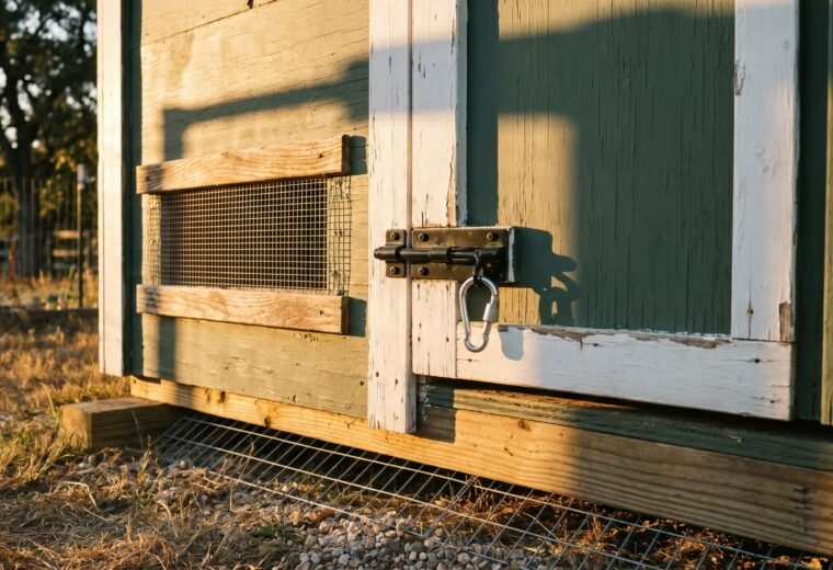 predator-proof chicken coop exterior with hardware cloth vent and two-step barrel bolt carabiner latch