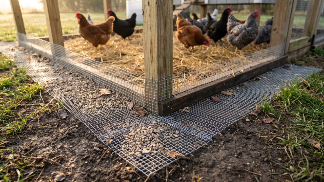 Hardware cloth run fence with outward-bent apron protecting chickens from digging predators