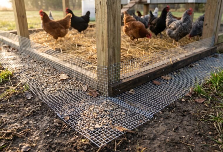 Hardware cloth run fence with outward-bent apron protecting chickens from digging predators