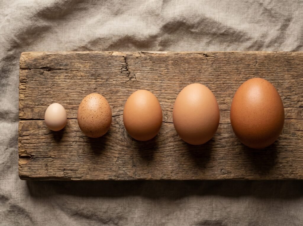Five eggs in size progression from tiny first pullet egg to full large egg showing early laying growth