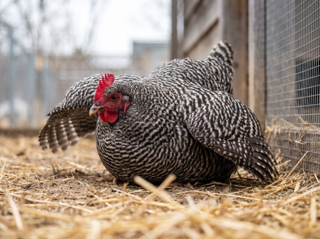 Barred Rock pullet doing the submissive squat position that signals laying is days away