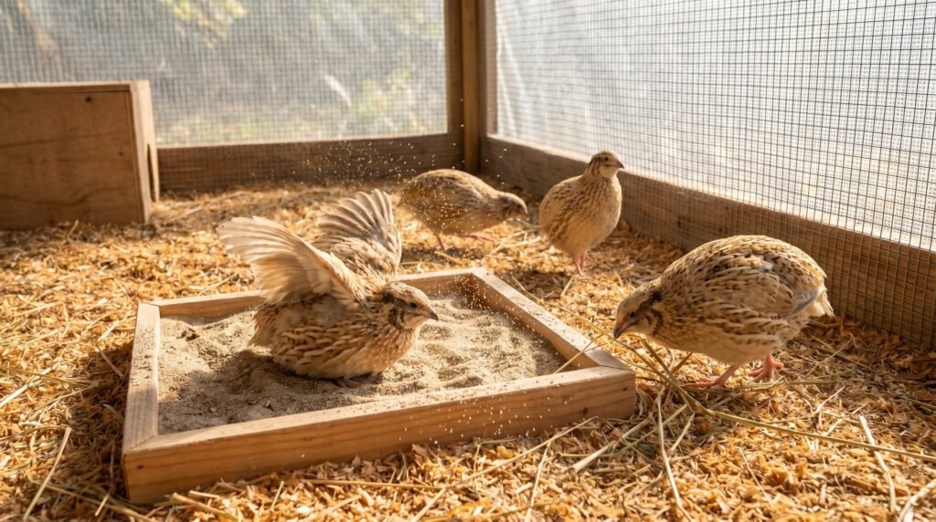coturnix quail dust bathing in sand tray inside aviary with pine shaving litter floor