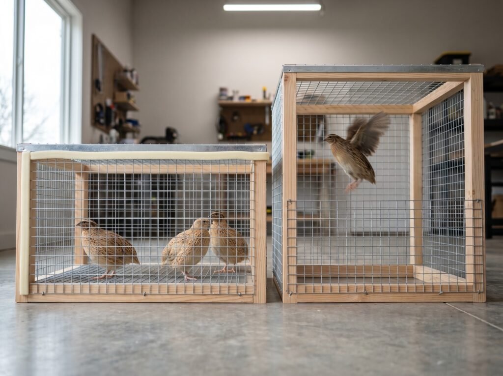 low quail cage versus tall hutch side by side showing ceiling height comparison
