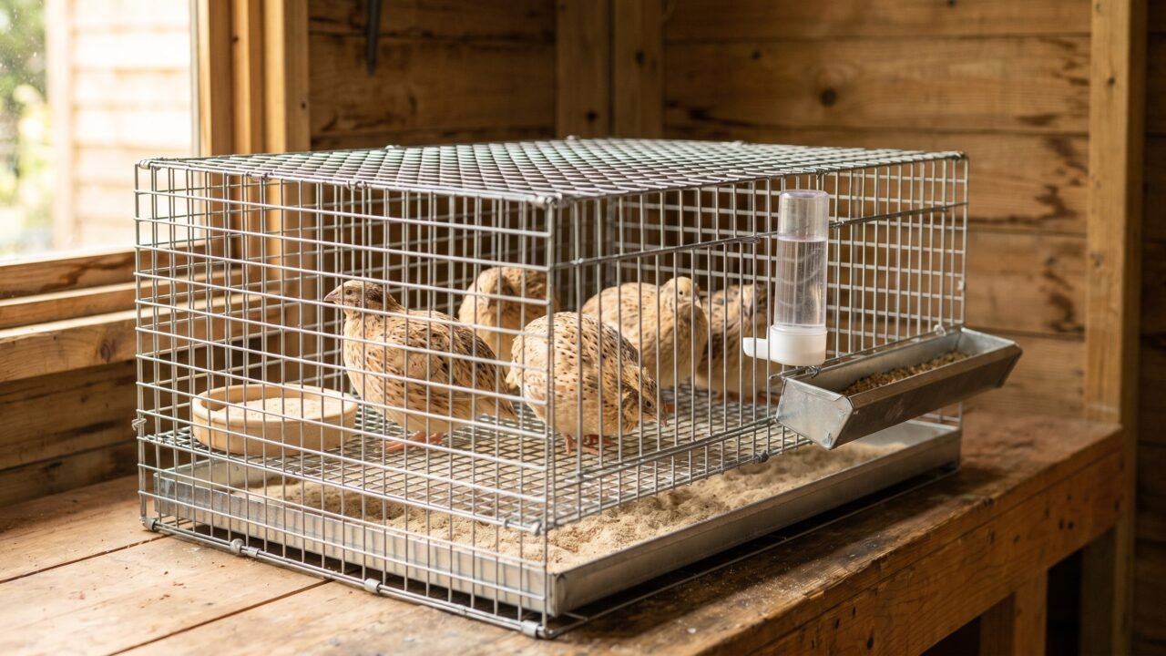 coturnix quail standing on wire-floor cage with sand dust bath tray visible below