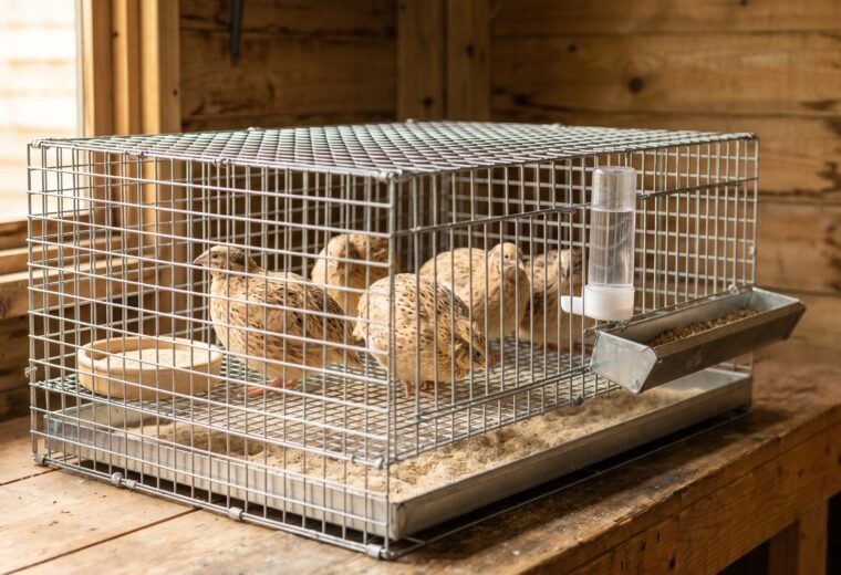 coturnix quail standing on wire-floor cage with sand dust bath tray visible below