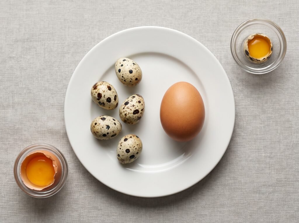 Five speckled quail eggs beside one large chicken egg showing size difference on a plate