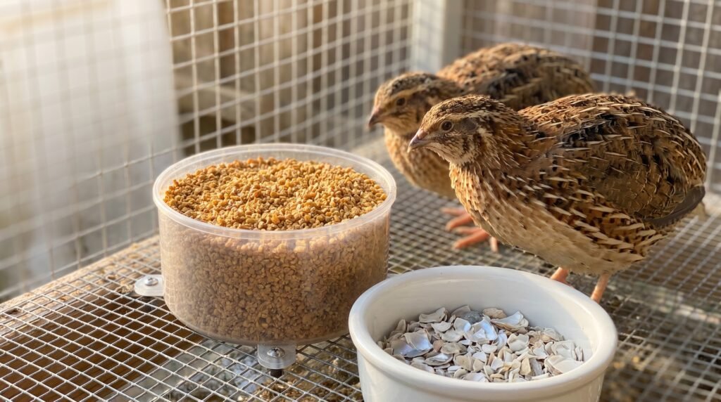 Game bird crumble feeder and oyster shell dish inside a coturnix quail wire cage
