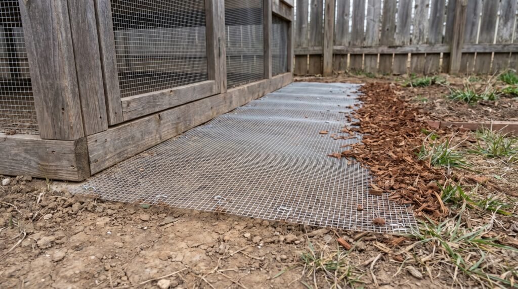 hardware cloth apron folded outward at base of quail pen to prevent digging predators