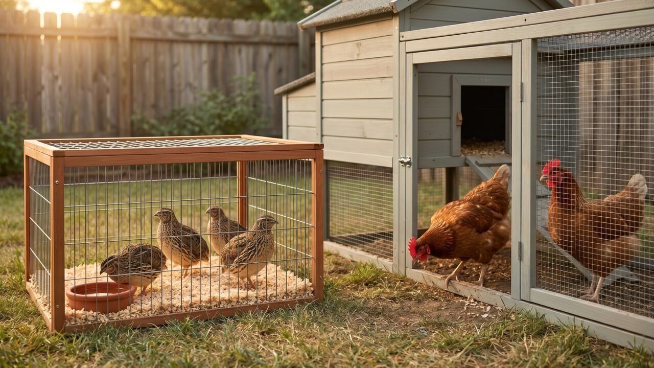 Coturnix quail cage beside a chicken coop showing the scale difference between the two species