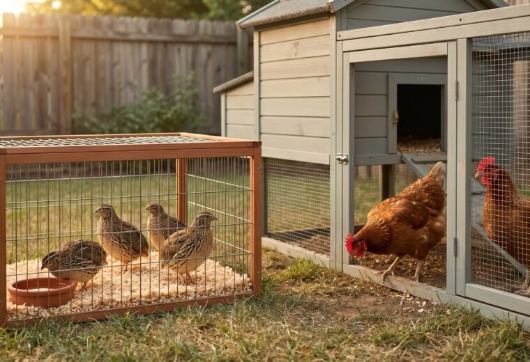 Coturnix quail cage beside a chicken coop showing the scale difference between the two species