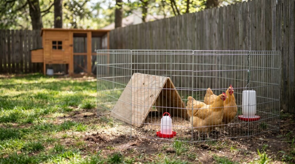 Small quarantine pen with two Buff Orpington hens kept separate from main flock for biosecurity