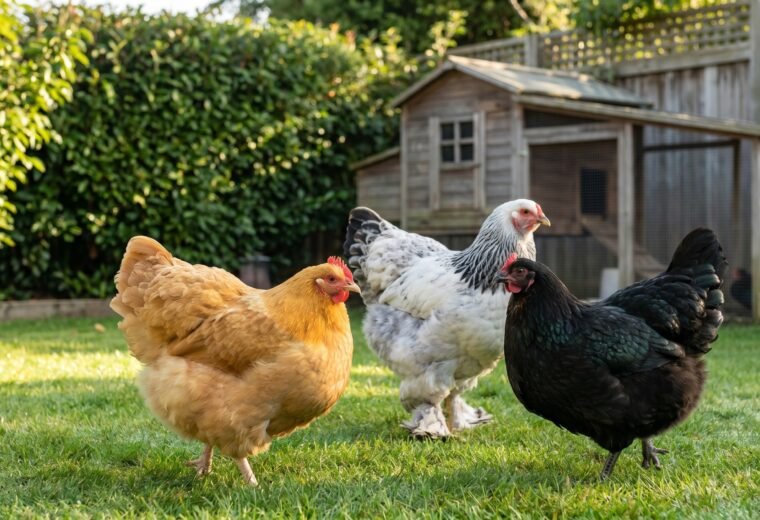 Buff Orpington, Black Australorp, and Brahma hens foraging calmly together in a suburban backyard
