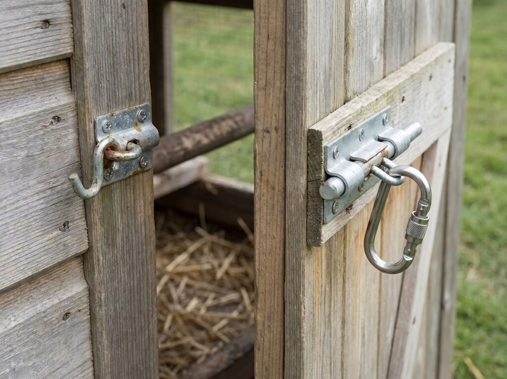 slide bolt with locking carabiner versus simple hook-and-eye on a coop door