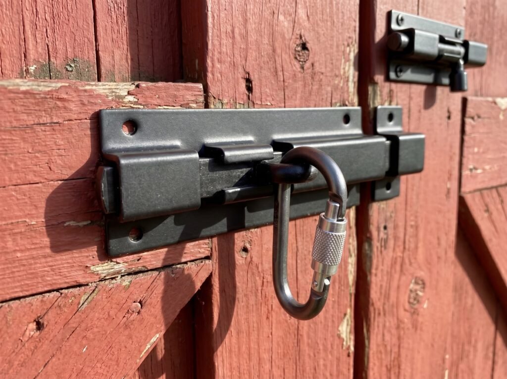 barrel bolt and screw-collar carabiner two-step latch securing a chicken coop door against raccoons