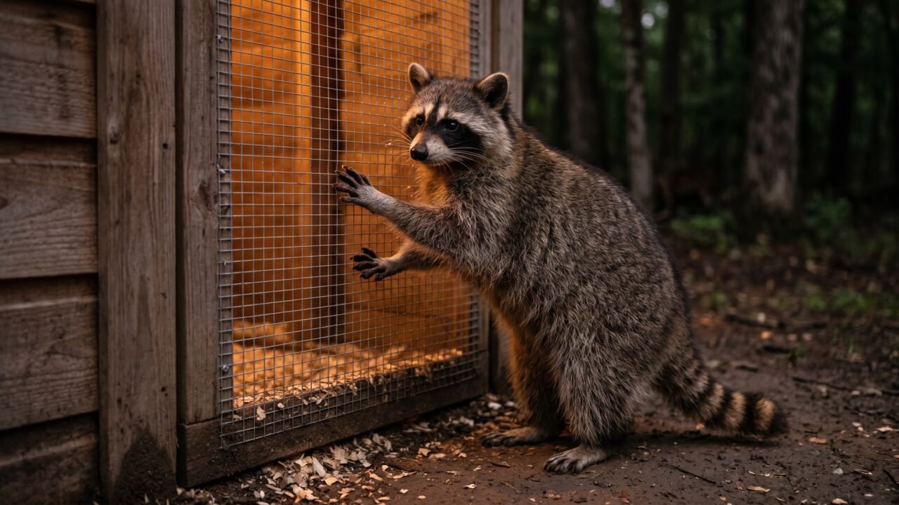 raccoon pressing dexterous paws against chicken coop hardware cloth at night