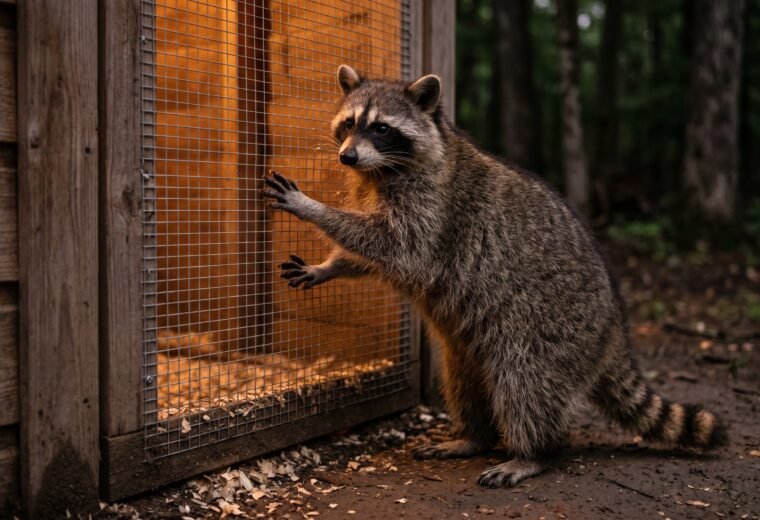 raccoon pressing dexterous paws against chicken coop hardware cloth at night