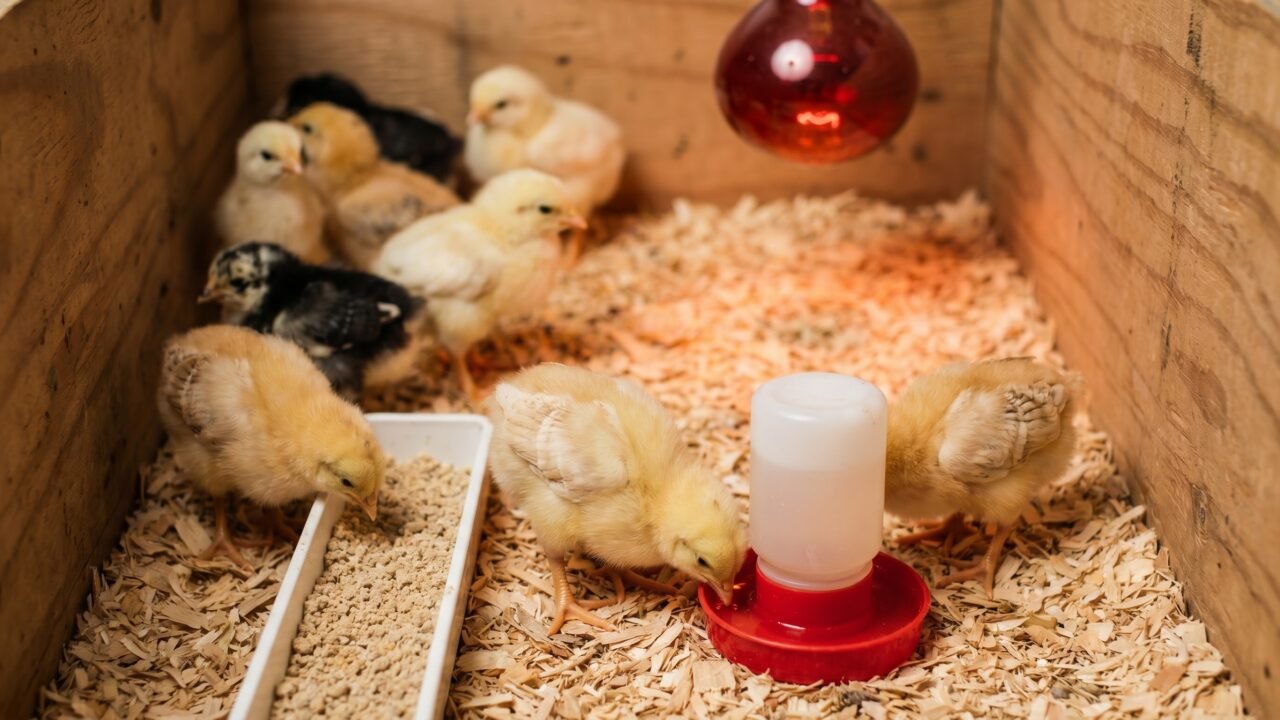 Fluffy week-old baby chicks gathered under a heat lamp in a pine shaving brooder