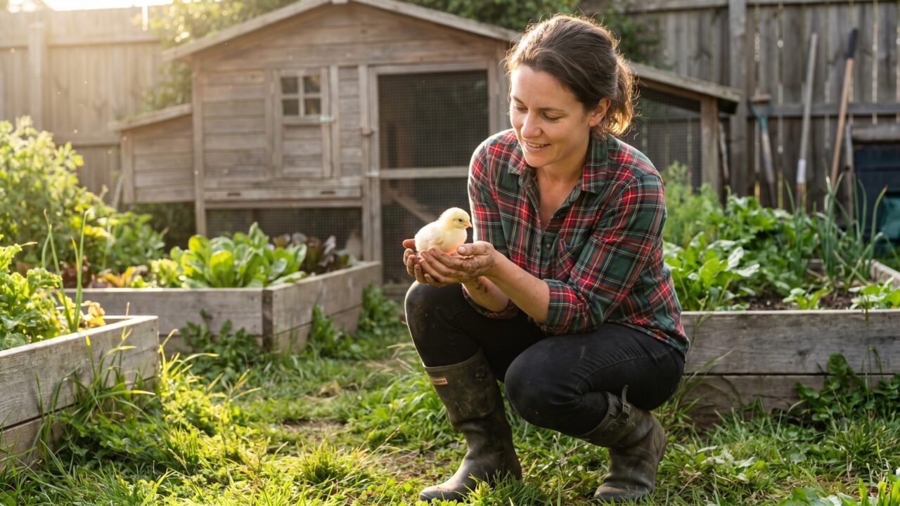 beginner chicken keeper holding a day-old chick in a backyard garden with coop visible