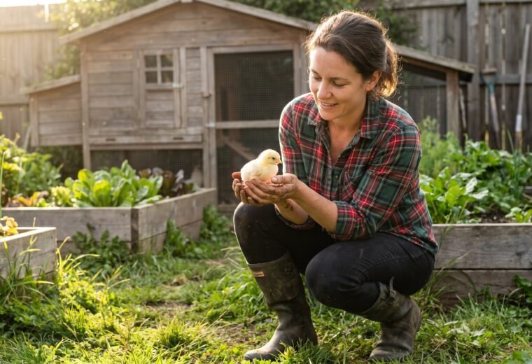 beginner chicken keeper holding a day-old chick in a backyard garden with coop visible