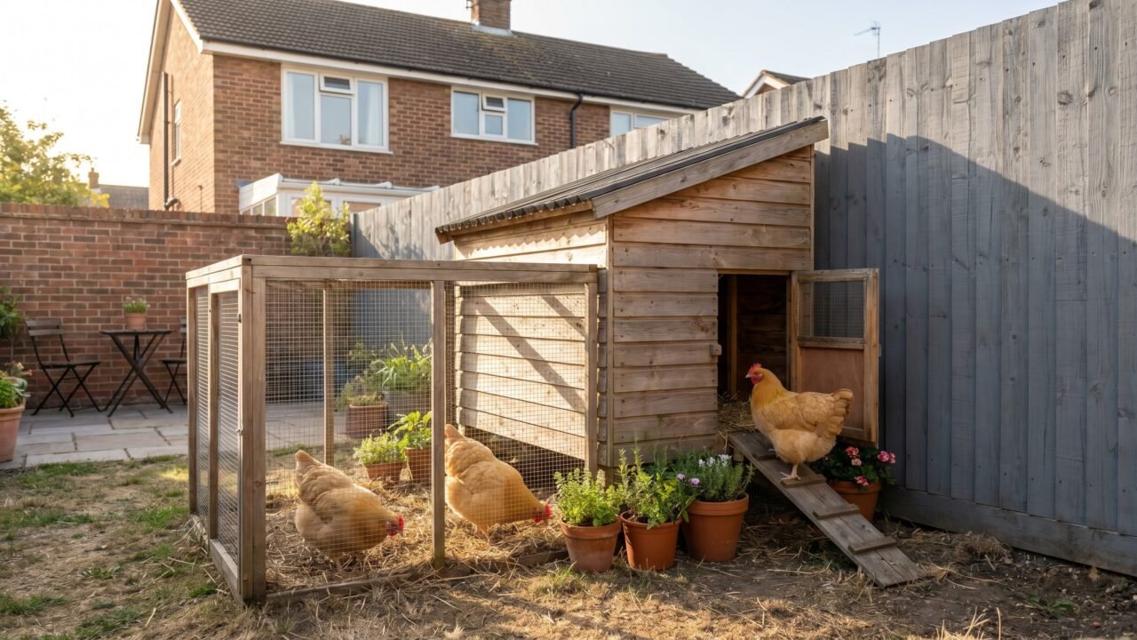 Three buff hens in a compact urban backyard coop and run with wooden fence behind