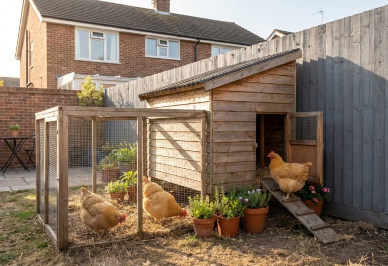 Three buff hens in a compact urban backyard coop and run with wooden fence behind