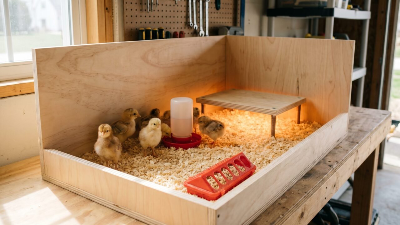 Fluffy day-old chicks in a pine-shaving brooder with a radiant heat plate and red waterer