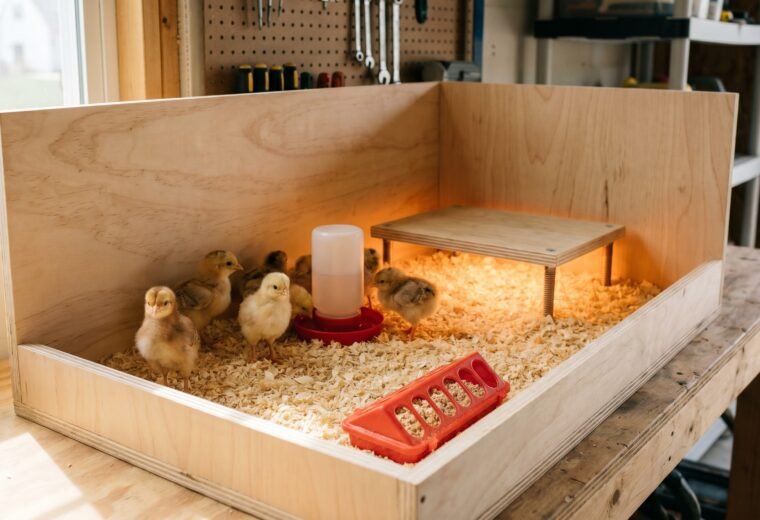 Fluffy day-old chicks in a pine-shaving brooder with a radiant heat plate and red waterer