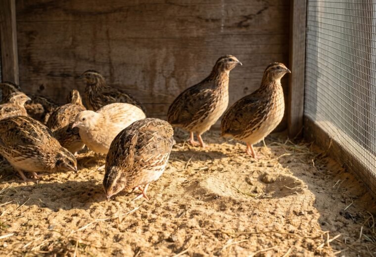 coturnix quail flock pecking and dust bathing in a sand-floor backyard pen