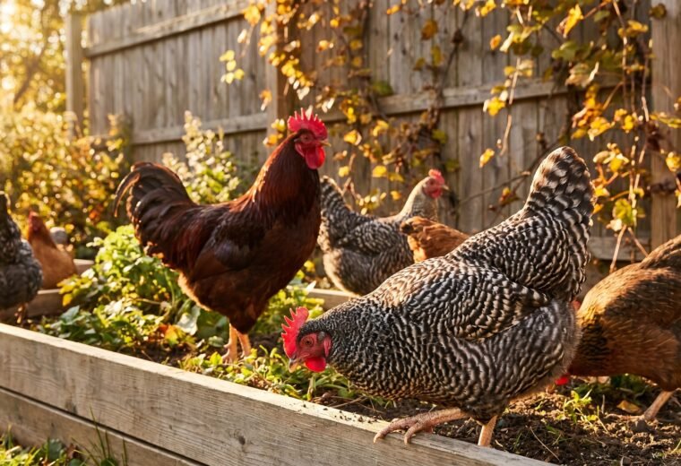 Dominique hen and Buckeye rooster foraging together in a heritage-breed backyard flock