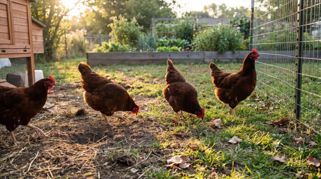 Four Rhode Island Red hens foraging actively in a sunlit backyard yard on a morning