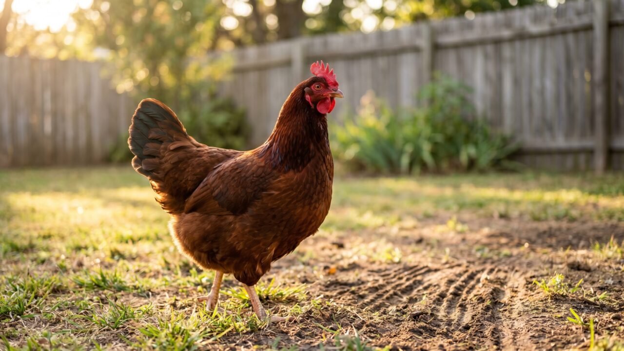 Rhode Island Red hen standing in sunlit backyard showing deep mahogany plumage and single red comb
