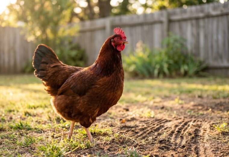 Rhode Island Red hen standing in sunlit backyard showing deep mahogany plumage and single red comb