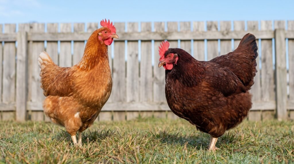 Production-type Rhode Island Red hen beside darker heritage-type hen showing plumage color difference