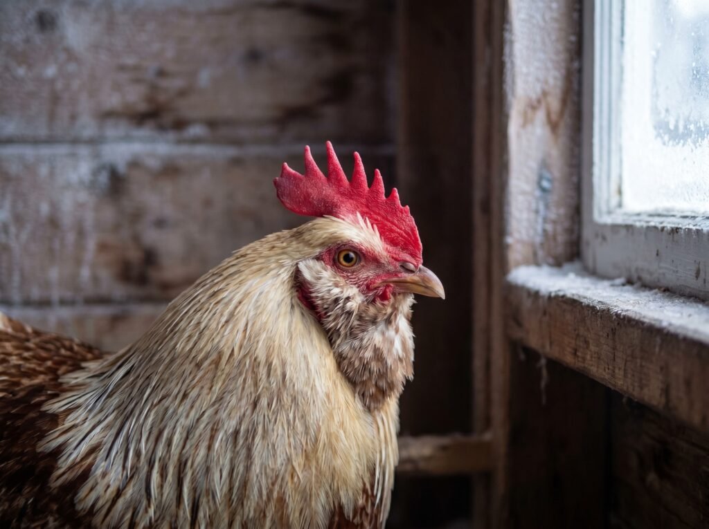 Rhode Island Red single comb close-up inside a winter coop showing healthy red tissue