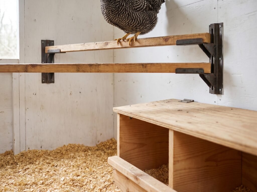 Chicken roost bars mounted correctly above nest boxes showing proper coop height relationship