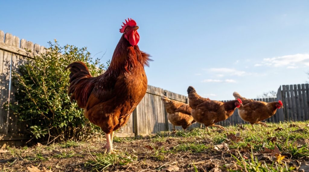 Rhode Island Red rooster scanning the sky while hens begin seeking cover below