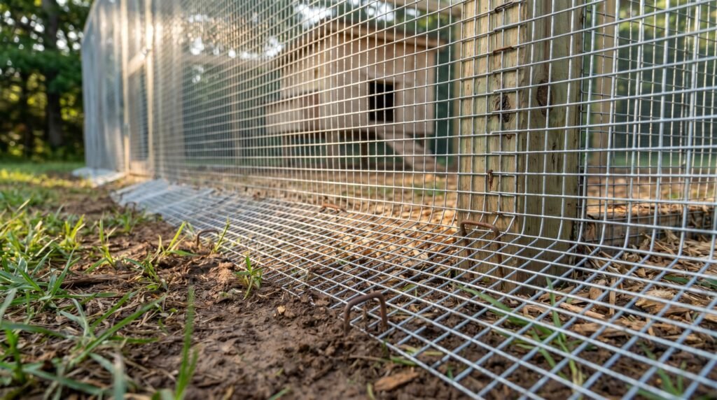 hardware cloth apron bent outward at the base of a chicken run fence to block digging predators