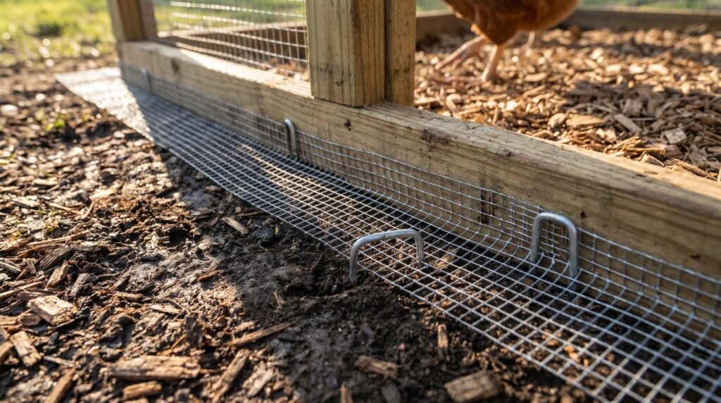 Galvanized hardware cloth apron laid flat on soil at the chicken run base for predator protection