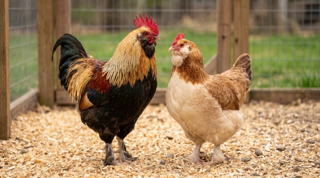 Salmon Faverolles rooster and hen side by side showing dramatic color difference between sexes