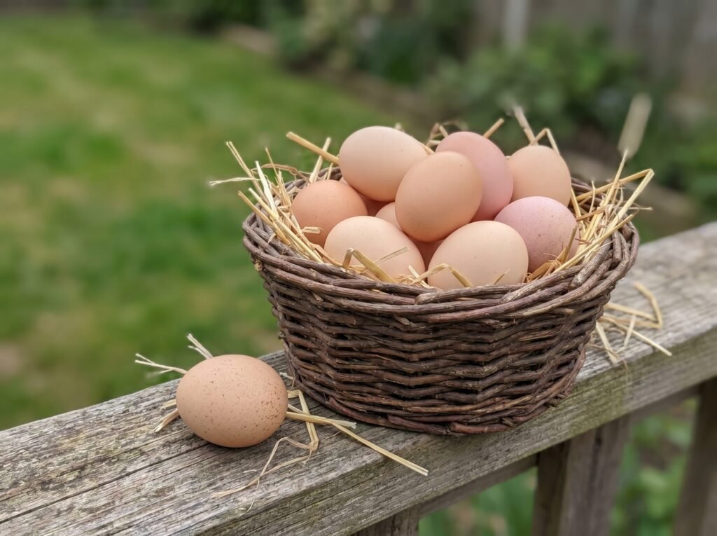 Light brown Salmon Faverolles eggs collected in a small straw-lined basket