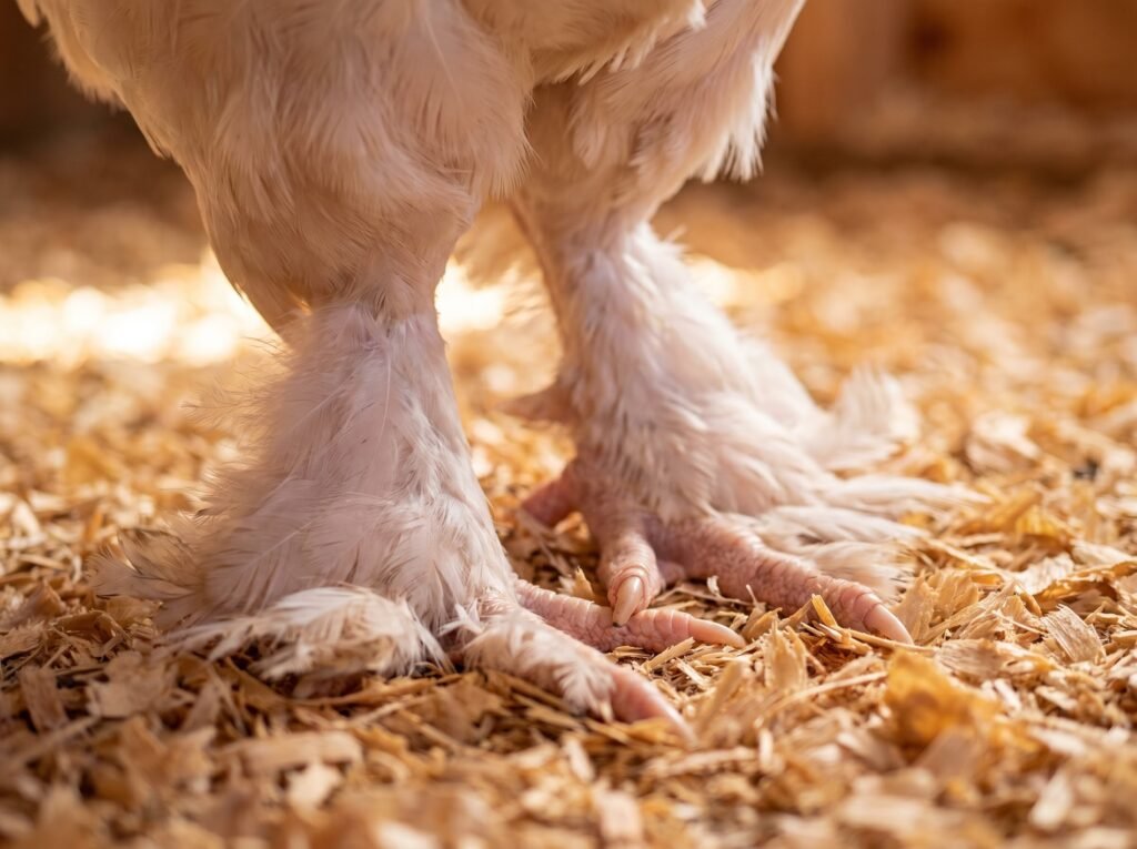 Salmon Faverolles feathered feet and five toes standing on clean dry coop bedding