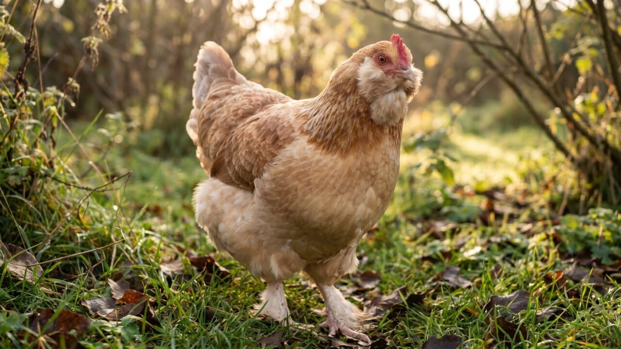 Salmon Faverolles hen standing in garden showing beard, muffs, and feathered feet