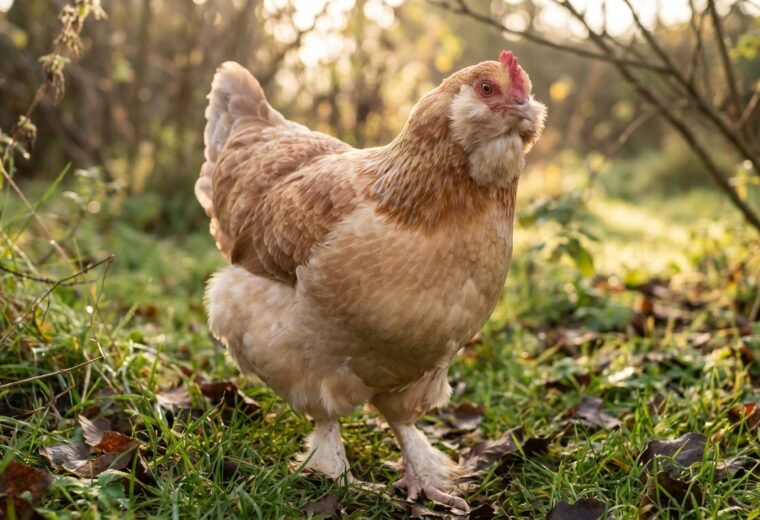 Salmon Faverolles hen standing in garden showing beard, muffs, and feathered feet